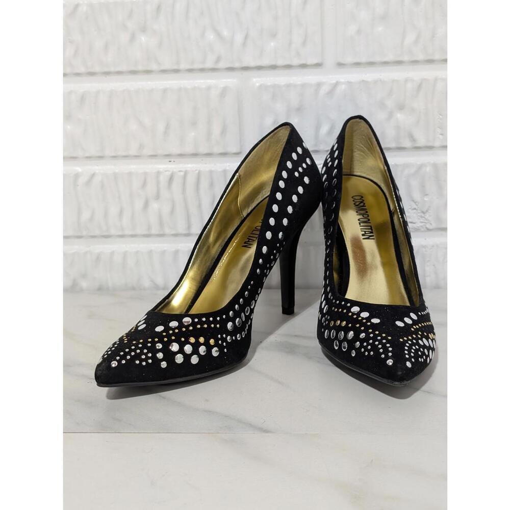 Cosmopolitan Black Faux Suede Silver & Gold Studded High Heels